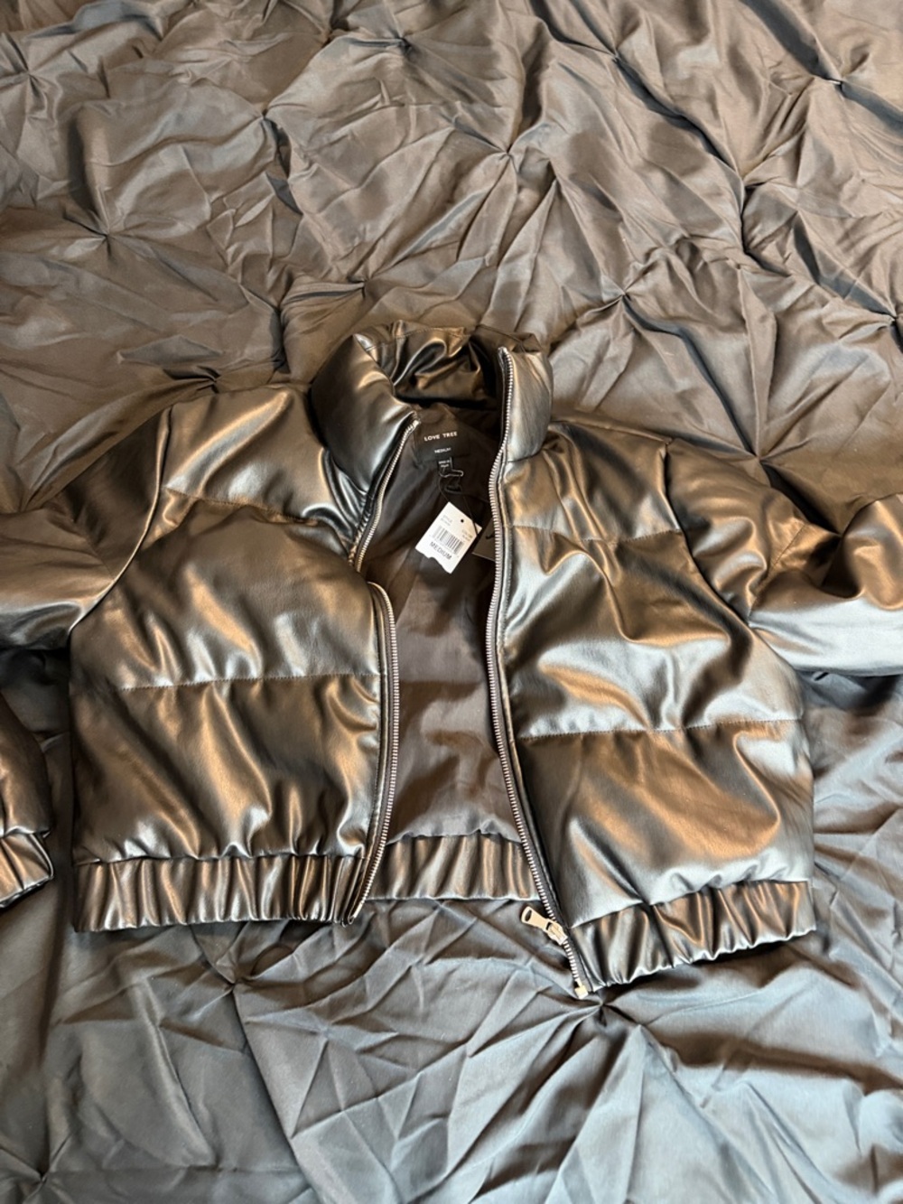 Black Faux Leather Cropped Puffer Jacket